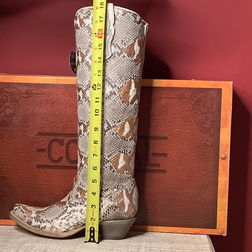 Corral Python Snake Skin Hand Painted Gold Accents Tall Top Western Boots 2”Heel - Picture 12 of 14